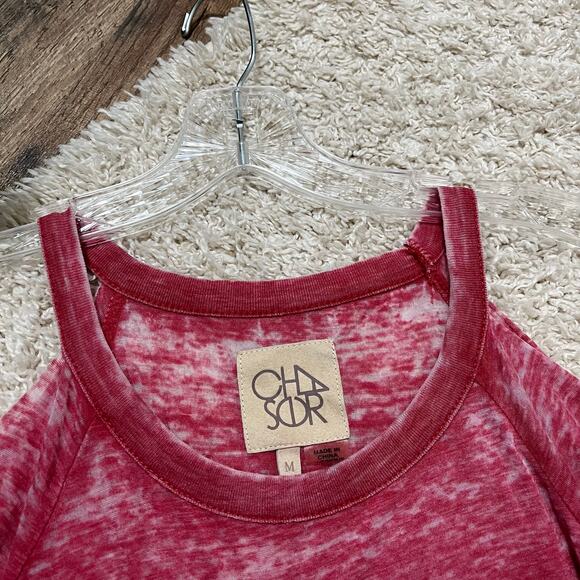 Chaser Medium Pink Bohemian Chic Sheer Burnout Raw Cold Shoulder Long Sleeve Top - Picture 2 of 6